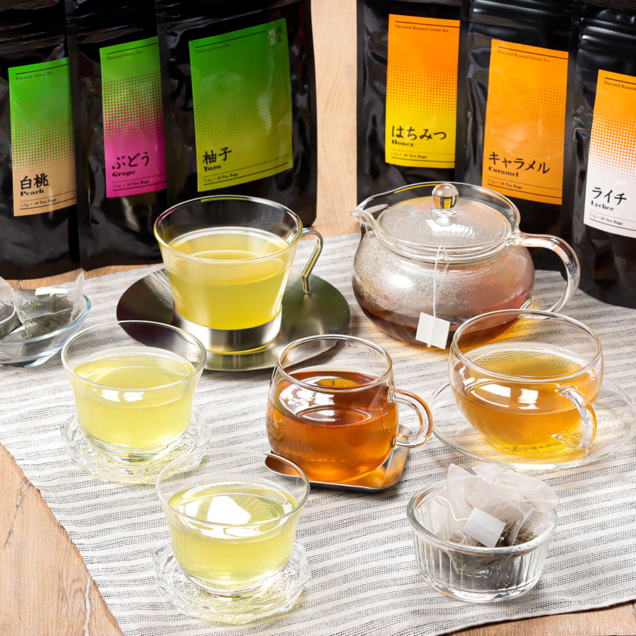 ＜小栗農園＞彩り香る茶ギフト（煎茶・ほうじ茶ミックス）白桃・ゆず・ぶどう・キャラメル・はちみつ・ライチ各１袋